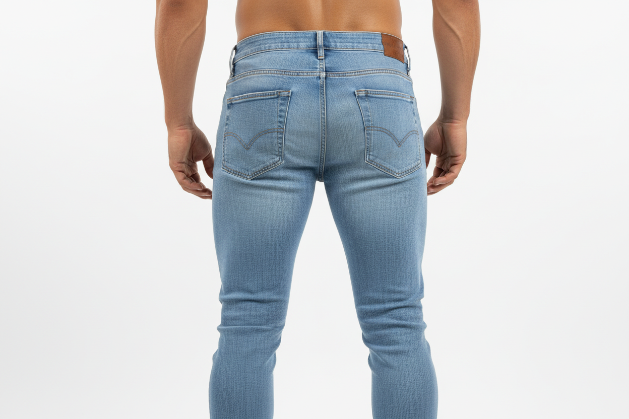 licht blauwe spijkerbroek op een gespierdeman laat alleen onder de romp zien
