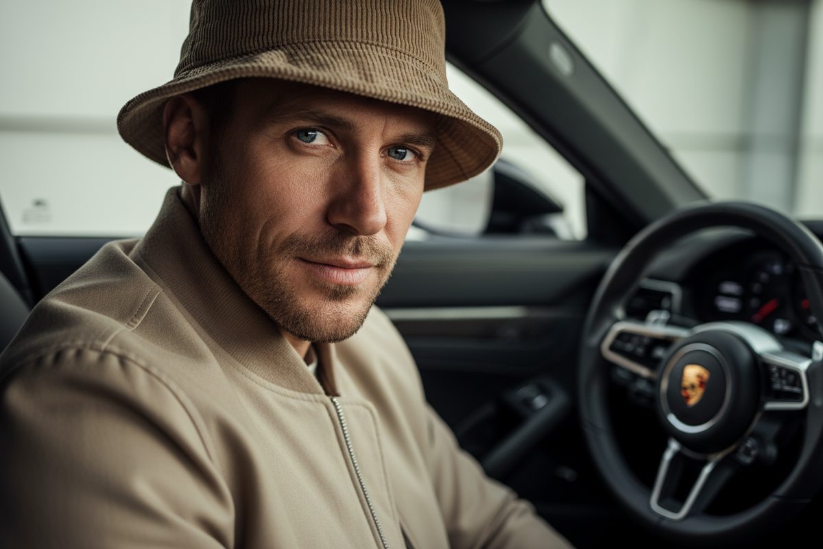 man met beige cordury muts en beige sotffen jas zit in porsche en kijkt strak in de camera echt een close up shot